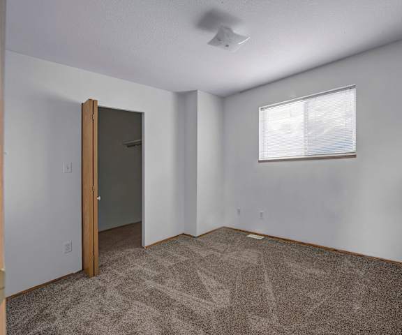A large, empty carpeted bedroom with overhead lighting, a window, and a closet at Willow View Apartment Homes. 