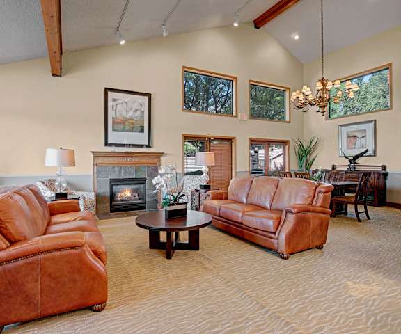 Eagle Ridge Resident Lounge Sofas The resident lounge with a fireplace, couches, plush chairs, and coffee tables at Eagle Ridge.