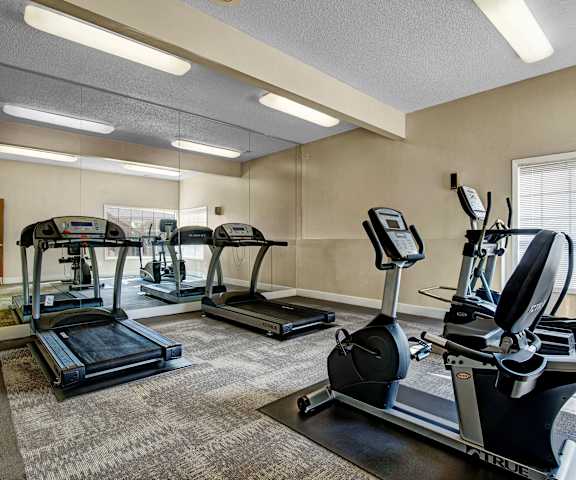 A gym with cardio machines, TVs, and weights at Grand View. 