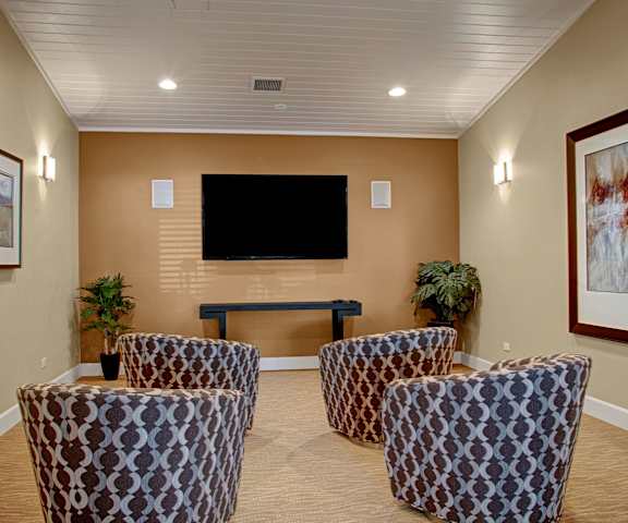 The TV room with four chairs, a TV on the wall, plants, and decorations at Retreat at Austin Bluffs Apartment Homes. 