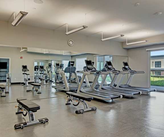 4800 Excelsior Fitness Center A gym with rows of cardio equipment and weights at 4800 Excelsior.
