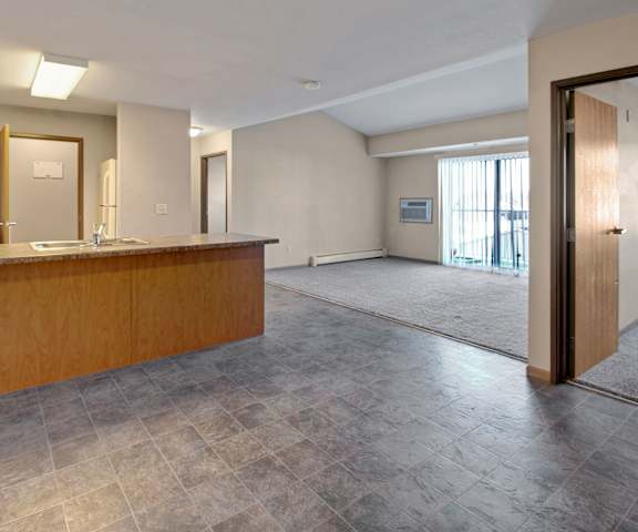 A view of the empty carpeted living room with a window and the kitchen with white appliances and wooden large cabinets at Roosevelt East Apartment Homes. 