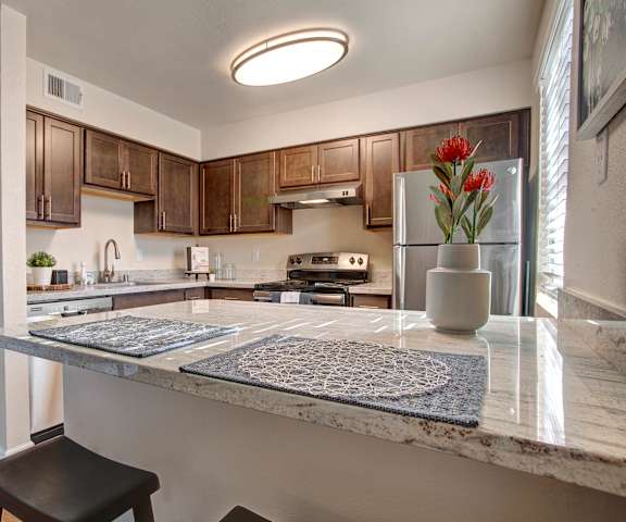 A kitchen with stainless steel appliances, marble countertops, and large wooden cabinets at Indigo Apartments. 