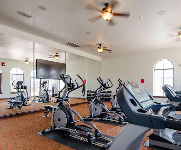 Fitness center with cardio machines and weights at Andalucia Villas fitness center. 