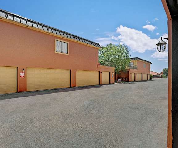 The orange garages at Avanti Townhomes. 