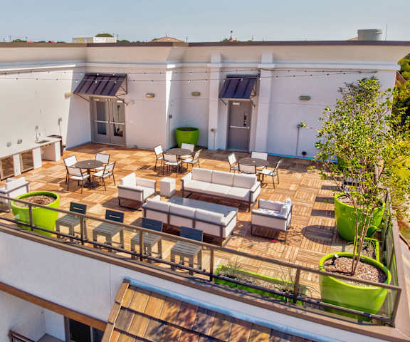 The rooftop balcony lounge with couches, chairs, coffee tables, and potted plants at Florence at the Harbor. 