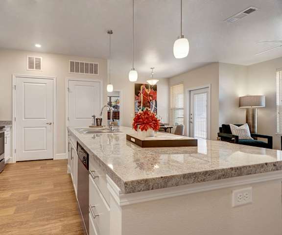 A kitchen with stainless steel appliances, marble countertops, and large white wooden cabinets at Latitude 31 Apartments.