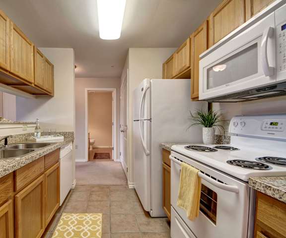 A cozy kitchen with white appliances, kitchen utensils, overhead lighting, light countertops with lots of room, a decorative plant, and large wooden cabinets at the Reserve at Abilene Apartment Homes. 
