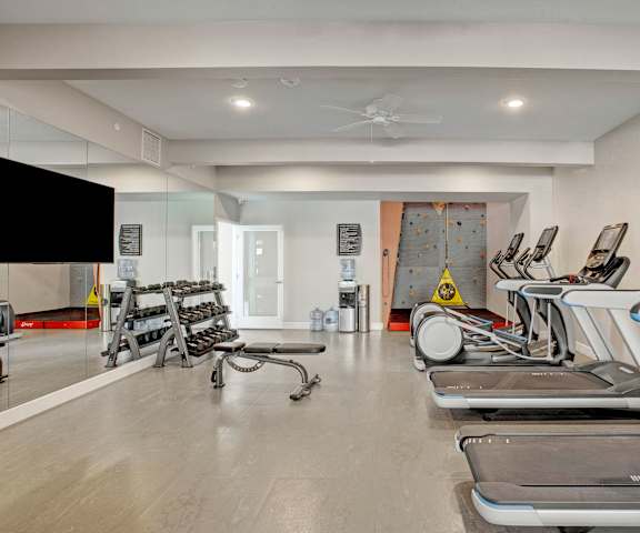 A gym with treadmills and other exercise equipment at 600 Riverside. 