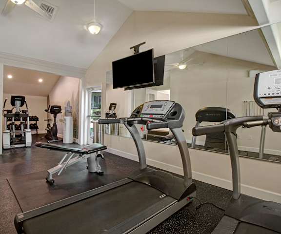 A gym with cardio equipment and a tv on the wall at Adagio. 