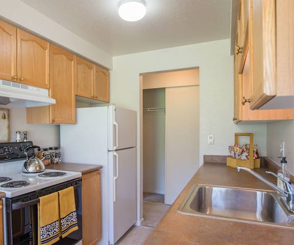 A kitchen with wooden cabinets and a white refrigerator at Andorra Apartments. 