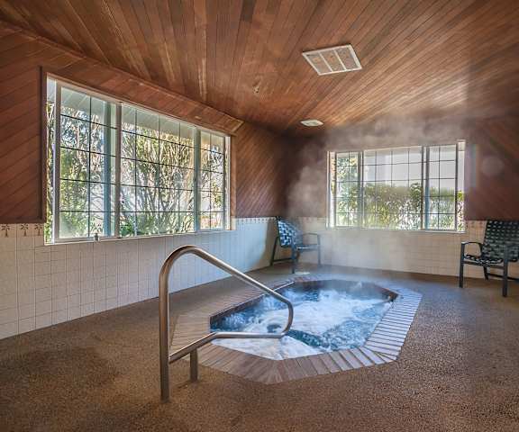 The steaming turquoise indoor jacuzzi surrounded by seating with windows that have sunlight streaming in at Island Park Apartments. 