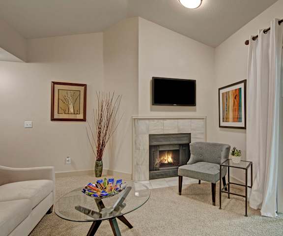 The living room with a couch, plush chairs, coffee table, fireplace, decorations, a TV, and balcony at Island Park. 