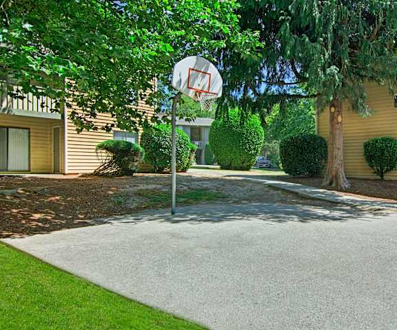 A basketball court surrounded by trees and grass with the yellow apartments in the background at the Ridge and Shores Apartment Homes. 
