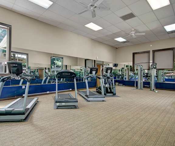 A spacious gym with cardio machines, windows, TVs, and weights at the Ridge and Shores Apartment Homes. 