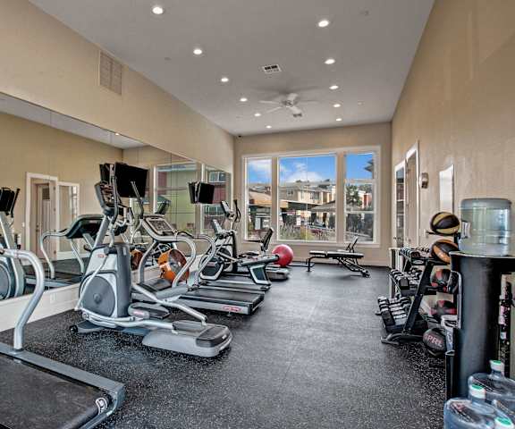 A spacious gym with cardio machines, windows, TVs, and weights at Riverside 9 Apartment Homes. 