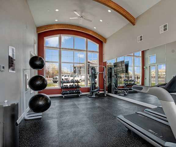 A spacious gym with cardio machines, windows, large mirror, TVs, and weights at Solara Apartment Homes. 