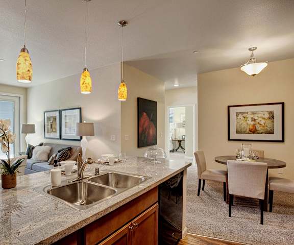 A spacious kitchen with black appliances, marble countertops with lots of room, and wooden cabinets with a view of the dining room and living room at Solara Apartment Homes. 