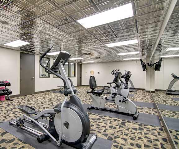 A large room with treadmills, bikes, ellipticals, dumbbells and two flat screen TVs A spacious gym with cardio machines, windows, TVs, and weights at the Artiste Apartment Homes.