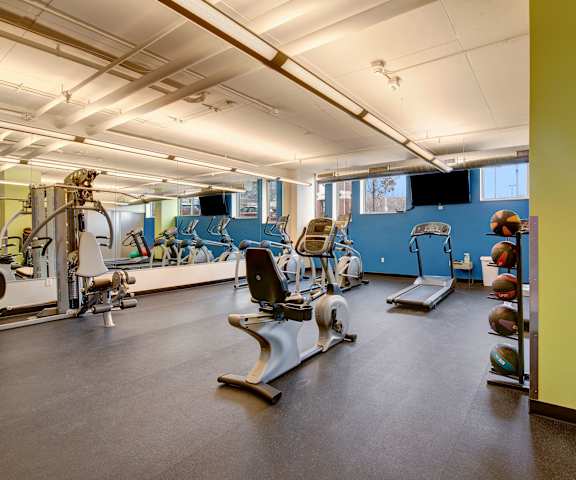 A fitness room with weights and other exercise equipment including treadmills, exercise bikes, and medicine balls at Avenir Apartments. 