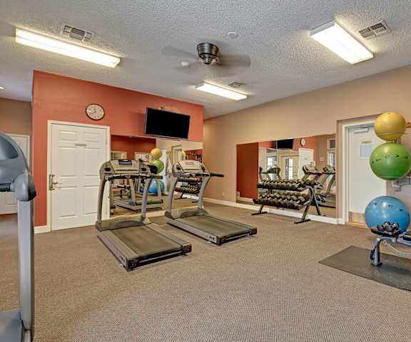 A spacious gym with cardio machines, exercise balls, a mirror, windows, TVs, and weights at St. James Place Apartment Homes. 