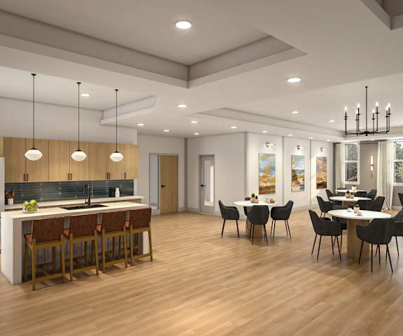 A modern kitchen with a dining area.