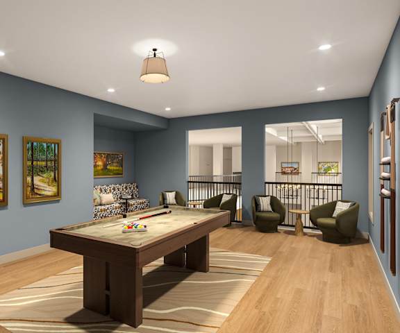 A room with a table and chairs and pictures on the wall.