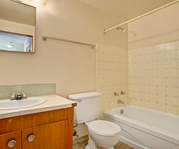 A bathroom with shower and tub with a mirror above the sink
