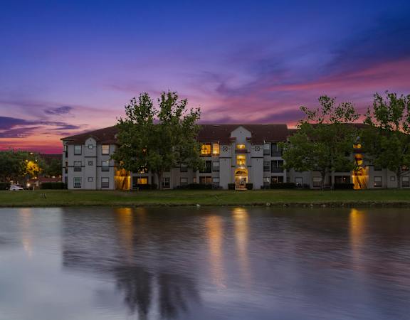Drone shot fromthe lake of Egret's Landing Apartments