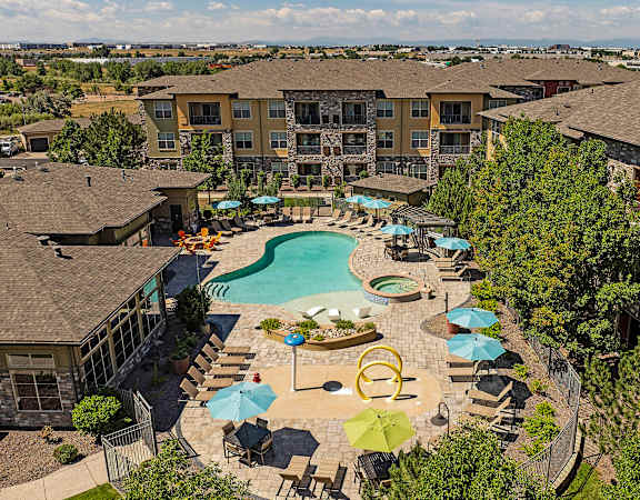 Aerial of resort-inspired swimming pool - Acadia at Cornerstar Apartments