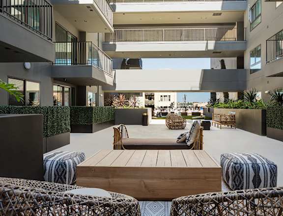 View of the patio area at at Mariposa on 3rd, Los Angeles, CA 90004