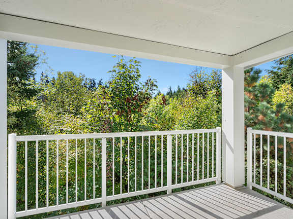 A deck overlooking a forest