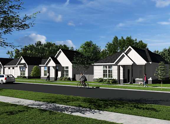 a rendering of a neighborhood with white houses and a person riding a bike