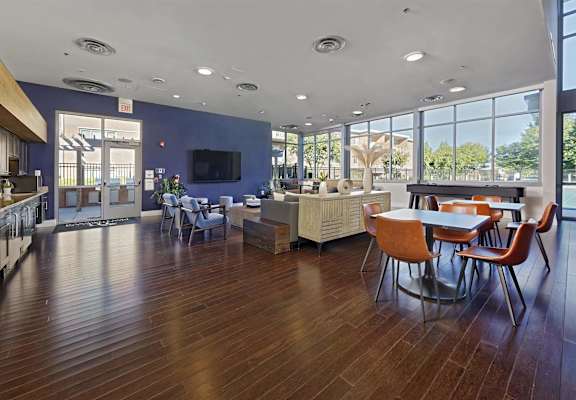 A spacious room with wooden floors and a large window overlooking a tree-filled area.