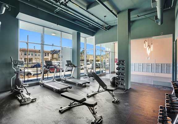 A gym with treadmills, weights, and exercise equipment.at 2221 S Western, Los Angeles, CA 90018