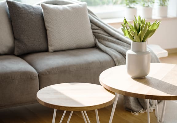 a living room with a grey couch and two coffee tables