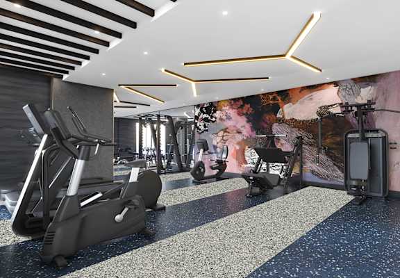A gym with treadmills, elliptical machines, and other exercise equipment.