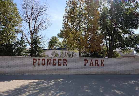 a brick wall with the words pioneer park on it at Pioneer Park, Green River, Wyoming