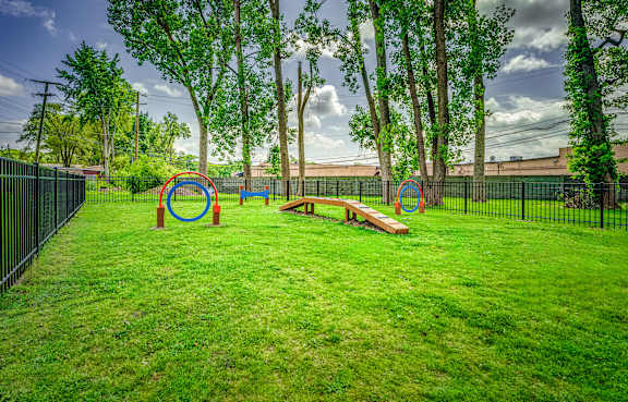  A playground with a green lawn and a black fence.