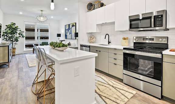 A modern kitchen with white cabinets and stainless steel appliances. at The Palms 1101, Columbia, SC, 29201