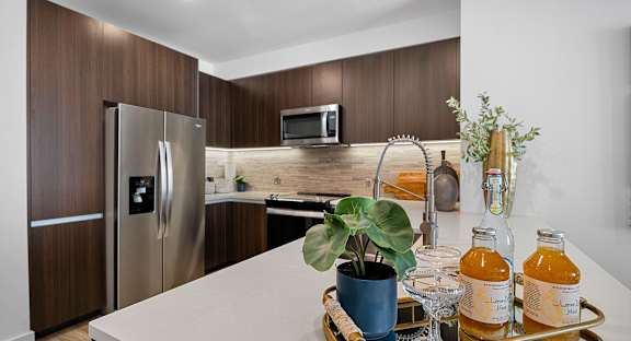 Designer kitchen featuring stainless steel appliances, modern fixtures, and a polished island centerpiece