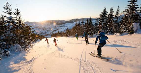 Three people skiing down a snowy slope with trees on the side at The Woods at Copper Ranch, Hailey, Idaho