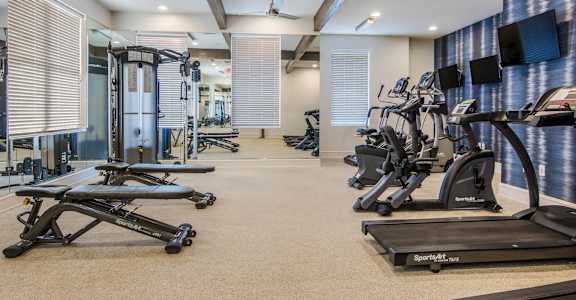 a gym with treadmills and other exercise equipments in a room with windows at The McKenzie Park Apartments, Little Rock, 72223