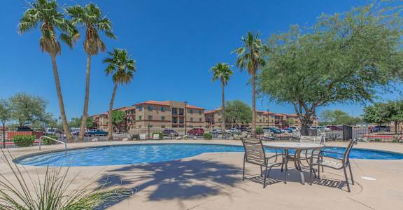 A pool surrounded by palm trees and chairs.