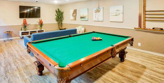 a game room with a pool table and a tv