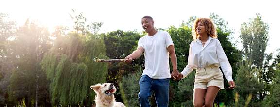 A man and woman are walking a dog in a field.
