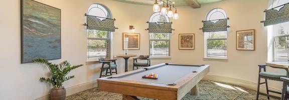 A pool table in a room with a ceiling mural and a potted plant at The Villas at Ellis Manor, Fresno, CA