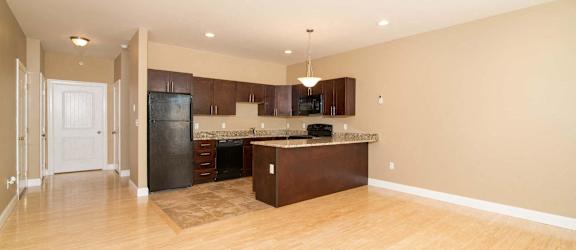 A modern kitchen with wooden shelves and black countertops.