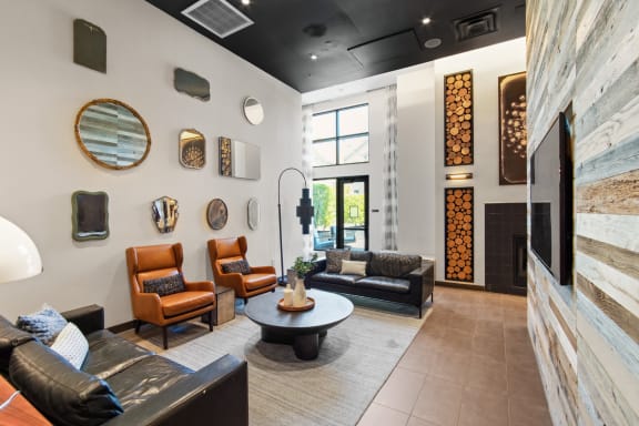 Seating area and bookshelves in newly renovated clubroom at Aventine, Hercules, California