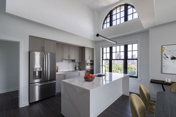 a kitchen with a large island and stainless steel appliances at the Belden Stratford in Chicago, IL
